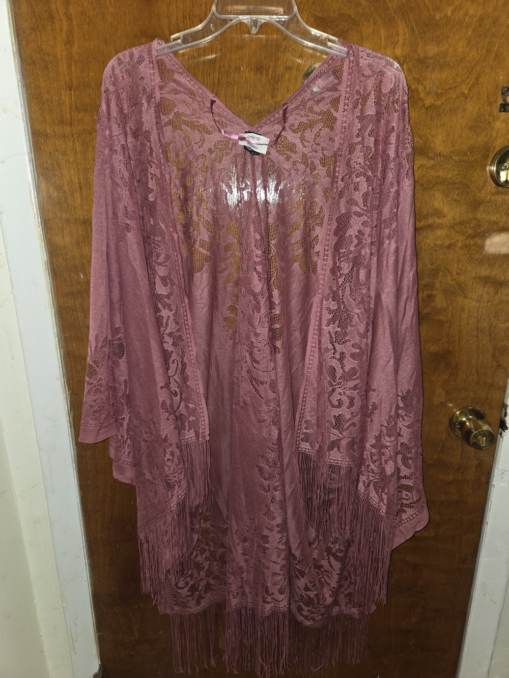 David and Young Dusty Rose Lace Kimono with Ribbon Trim